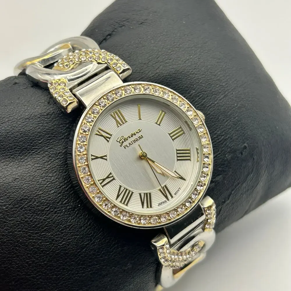 Geneva Platinum Women's Two-Tone Rhinestone Bezel Bangle Watch New Battery